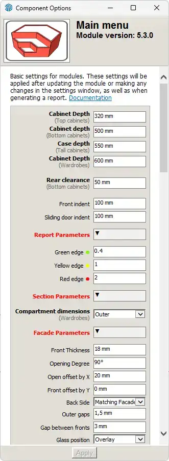 Parameters of the "Main Menu" component