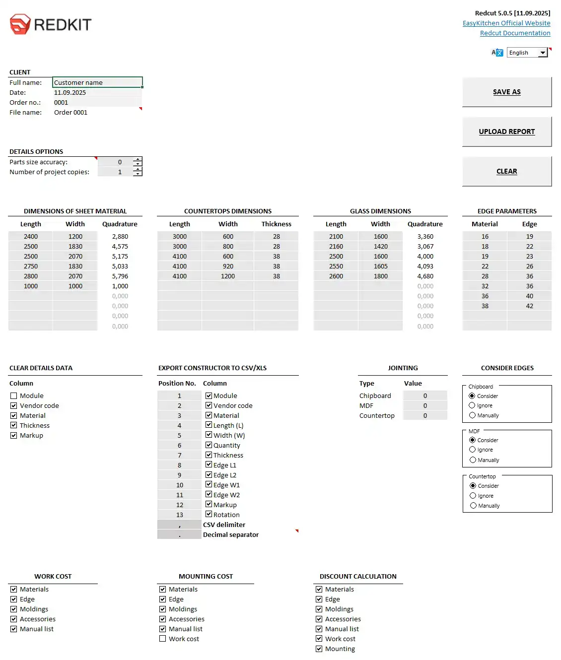 Redcut Start tab