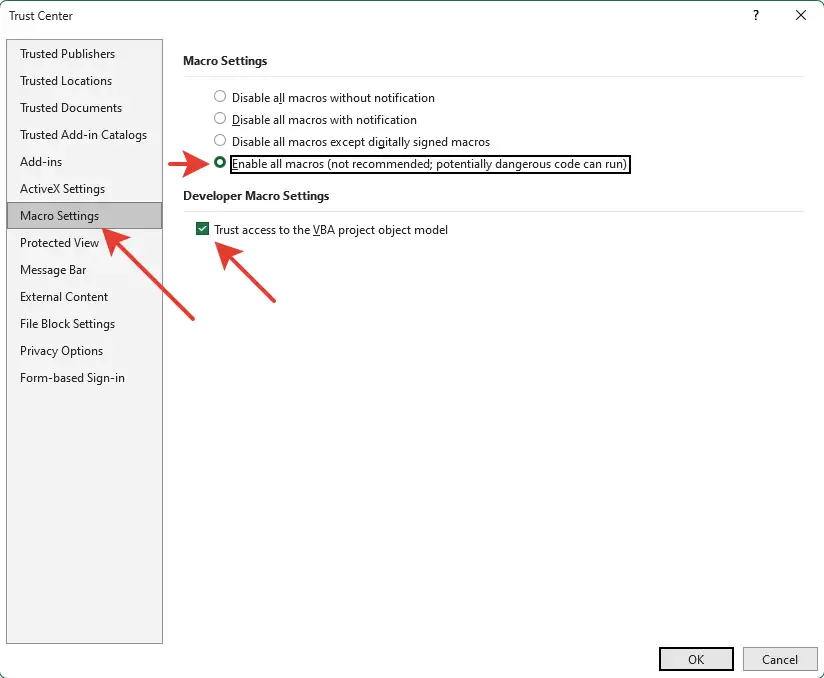 Excel security settings