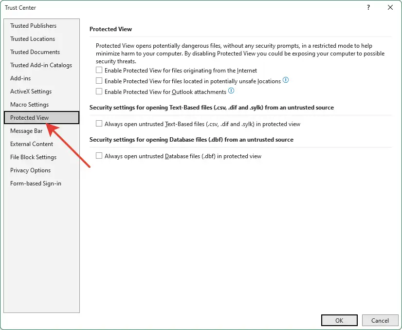 Excel security settings